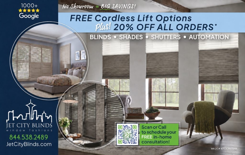 Jet City Blinds window treatments special: 20% off all orders and free cordless lift options.